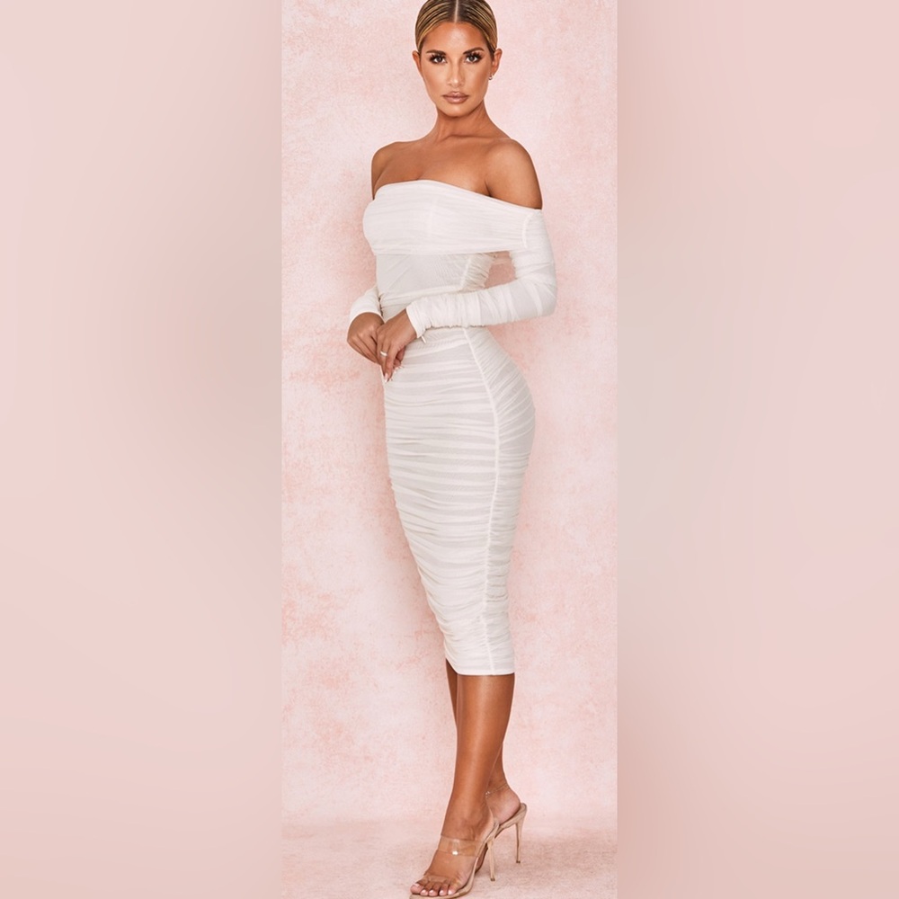 House of CB ‘ANAIS’ Ivory Tulle Off Shoulder Ruched Dress Small US4-6$195 - Picture 2 of 14
